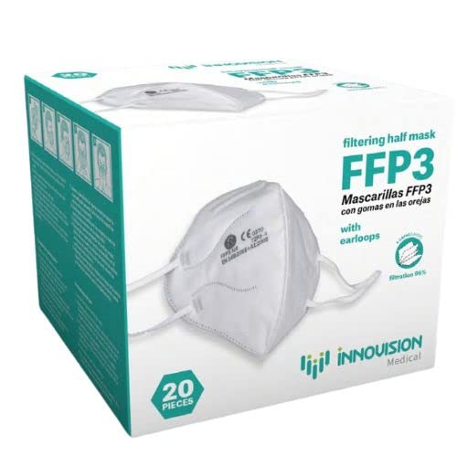 Innovision Medical x20 Mundschutz FFP3 Masken Weiß 20 Stück, Medizinische Masken Erwachsene, 5-lagige Mund Nasen Schutzmaske, Atemschutzmaske mit Nasenbügel, Weiße FFP3 Maske CE zertifiziert