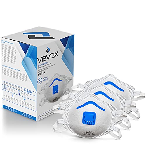VEVOX FFP3 Masken - Im 5er, 10er, 20er Set - mit Komfort Plus Abdichtung - Atemschutzmaske FFP3 mit Ventil - CE Zertifiziert für den zuverlässigsten Schutz (5stk.)