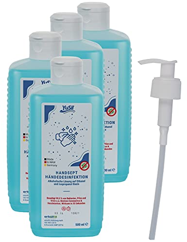 Yusil Desinfektionsmittel für Hände 4 x 500ml I hergestellt in Deutschland | laborgeprüft, begrenzt Viruzid PLUS | beseitigt 99,9% von Bakterien, Pilzen & Viren in 30-120 Sek.