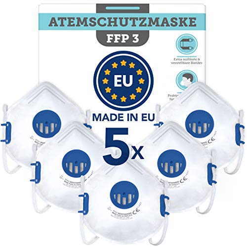 FFP3 Maske mit Ventil - Atemschutzmaske FFP3 R WIEDERVERWENDBAR (5 STK.) - Made in EU CE (EN149:2001+A1:2009) - Premium Maske für höchsten Atemschutz gegen feste (zB Asbest) und flüssige Partikel