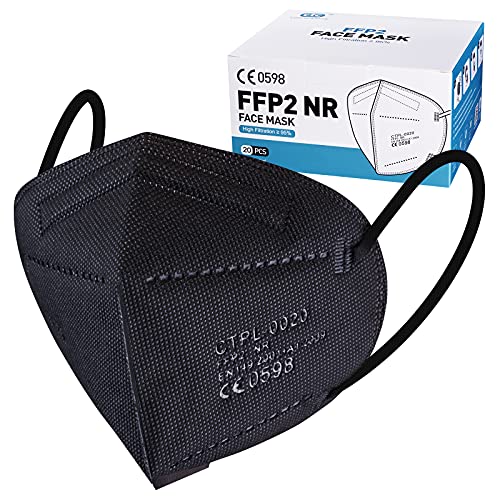 20 Stück FFP2 Masken Schwarz CE0598 Zertifizierung Mundschutz FFP2 Filtr-rate ≥ 95% 5-Lagige Maske, Einzeln verpackte KN95/FFP2 Maske atmungsaktive, Mit verstellbarem Nasendraht FFP2 Atemschutzmaske